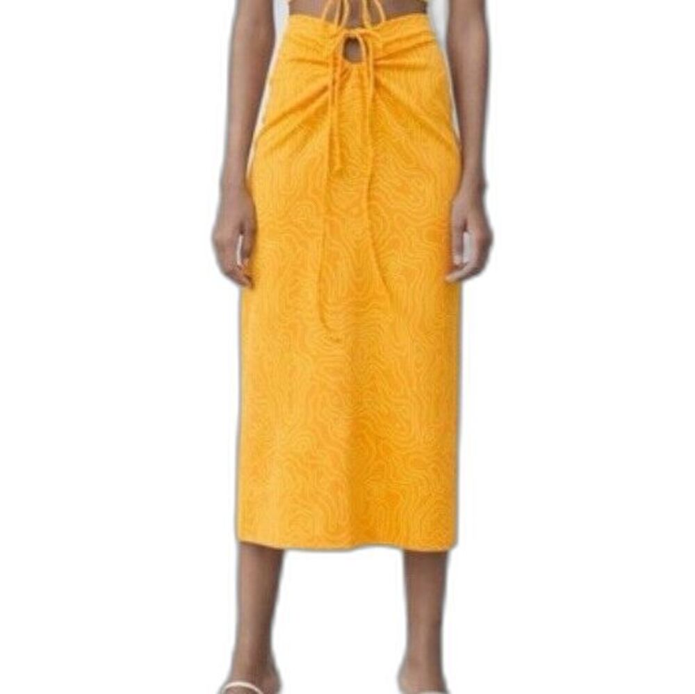 Zara Orange Yellow Stretchy Midi Skirt Keyhole Tie Front NWT Size L Summer Vacay